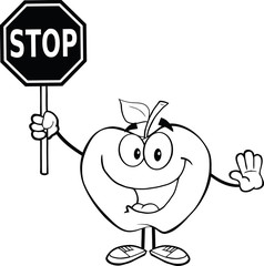 Outlined Apple Cartoon Mascot Character Holding A Stop Sign