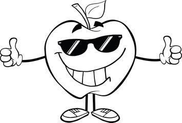 Outlined Smiling Apple With Sunglasses Giving A Thumb Up