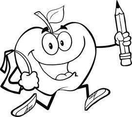 Outlined Happy Apple With School Bag And Pencil Goes To School