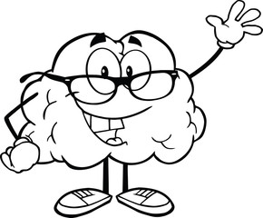 Outlined Smiling Brain Teacher Character Waving For Greeting