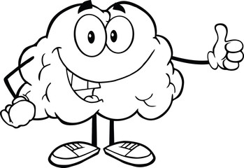 Outlined Happy Brain Character Giving A Thumb Up