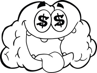 Outlined Money Loving Brain Cartoon Character