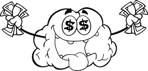 Outlined Money Loving Brain Cartoon Mascot Character