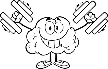 Outlined Smiling Brain Cartoon Character Training With Dumbbells