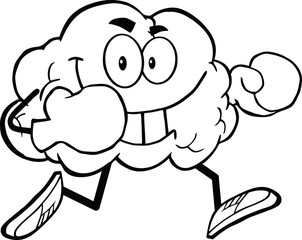 Outlined Brain Cartoon Character Running With Boxing Gloves