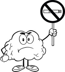 Outlined Angry Brain Character Holding up A No Smoking Sign