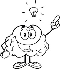 Outlined Happy Brain Character With A Big Idea