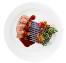 Veal fillet with violet botato mash, sweetbread and grilled vege