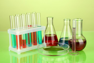 Test-tubes and green leaf tested in petri dish,