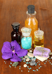 Beautiful spa setting on wooden table close-up