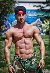 Shirtless bodybuilder showing torso muscles, abs, pecs and arms