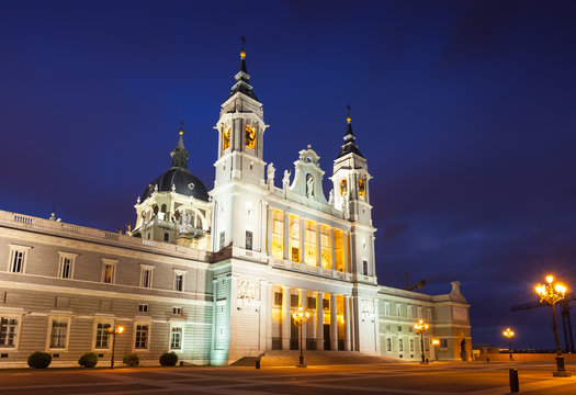 Night view of   Catholic cathedral in Madrid