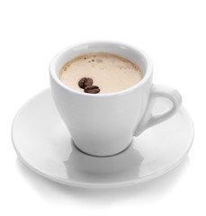 Cup of coffee with coffee beans, isolated on white