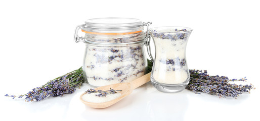 Jar of lavender sugar and fresh lavender flowers isolated