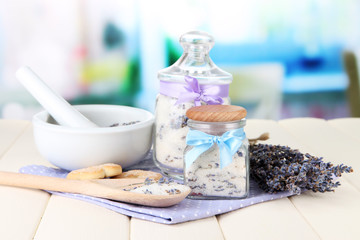 Still life with jar of lavender sugar, mortar and fresh