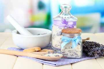 Still life with jar of lavender sugar, mortar and fresh