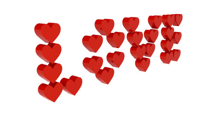 Red hearts set in word LOVE. Concept 3D illustration.