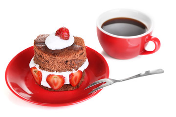 Chocolate cake with strawberry isolated on white