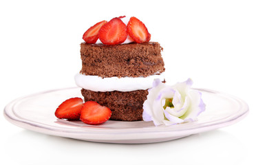 Chocolate cake with strawberry isolated on white
