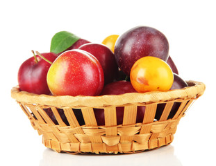 Ripe plums in basket isolated on white