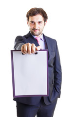 Happy businessman holding a clipboard