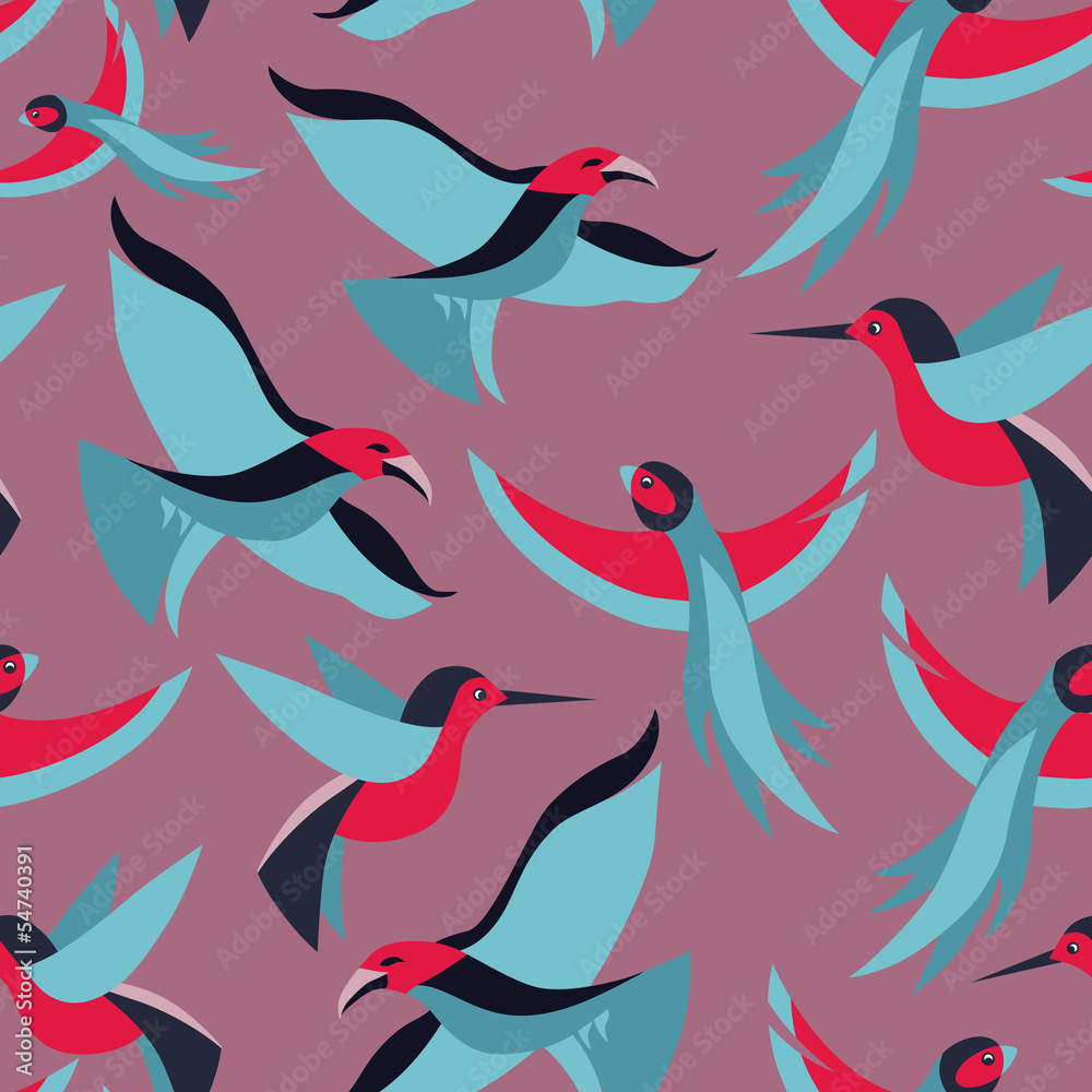 Poster Vector seamless pattern with birds in flat style