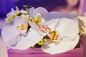wedding rings in orchid bouquet