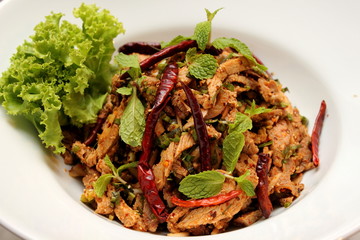 Close up of spicy sliced liver salad