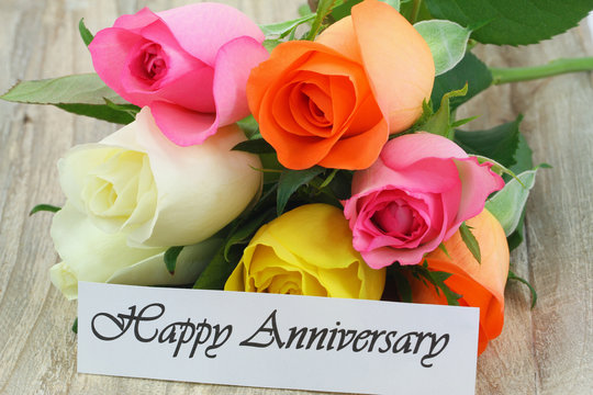 Happy Anniversary note with colorful roses