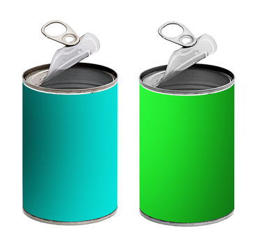 Open tin cans,green and turquoise - isolated over white backgrou