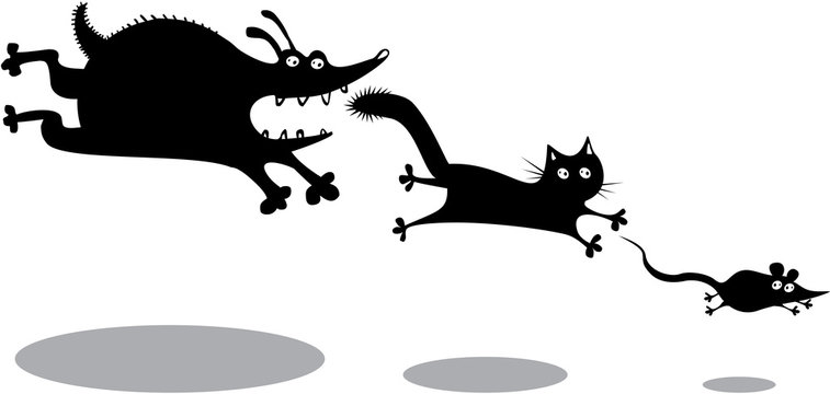 Funny running dog, cat and mouse