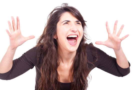 young woman screaming with open arms