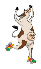 Funny cow dancing with roller skates vector illustration
