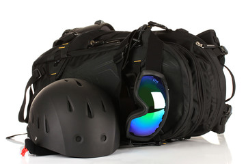 Naklejka premium Winter sport glasses, helmet and gloves, backpack, isolated