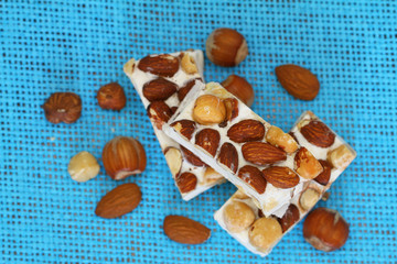 Almond and hazelnut nougat, close up