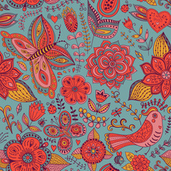 Seamless texture with flowers, birds and butterflies. Seamless p