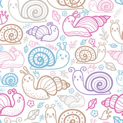 Cute smiling snails seamless pattern background with hand drawn