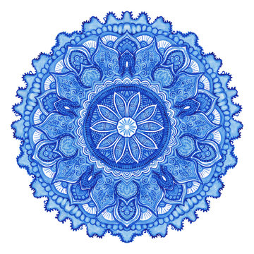 Watercolor vector gzhel. Doily round lace pattern, circle backgr