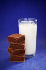 Chocolate brownie and glass of milk, selective focus