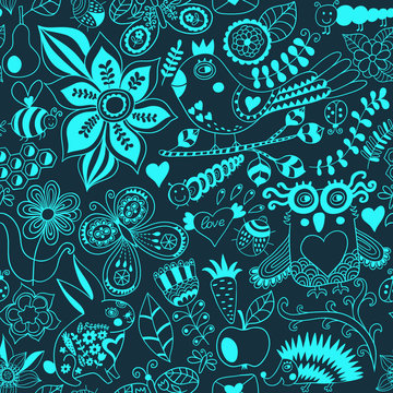 Vector forest seamless pattern. Floral background.Owl, rabbit, b