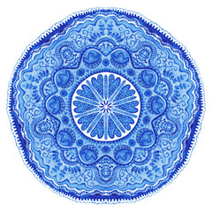 Watercolor gzhel. Doily round lace pattern, circle background wi