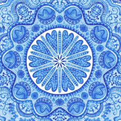 Watercolor gzhel. Doily round lace pattern, circle background wi