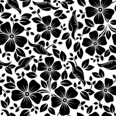 Deurstickers Zwart wit bloemen Naadloos patroon met bloemen en bladeren. Vector illustratie.