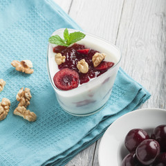 Yoghurt with wallnuts and cherries