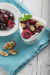 Yoghurt with wallnuts and cherries