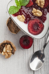 Yoghurt with wallnuts and cherries