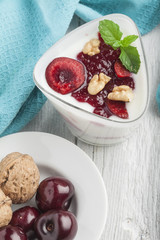 Yoghurt with wallnuts and cherries