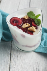 Yoghurt with wallnuts and cherries
