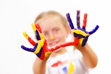 happy child with paint on the hands