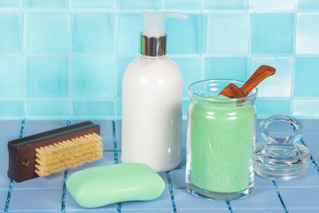 Bath salts, soap and soap dispenser